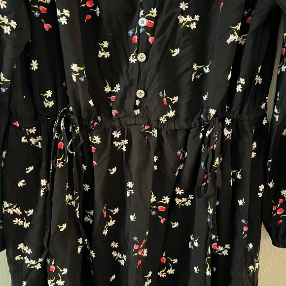 LOFT Petites Floral Side Tie Button Dress Black Long Sleeve Size Large Petite - Picture 6 of 6